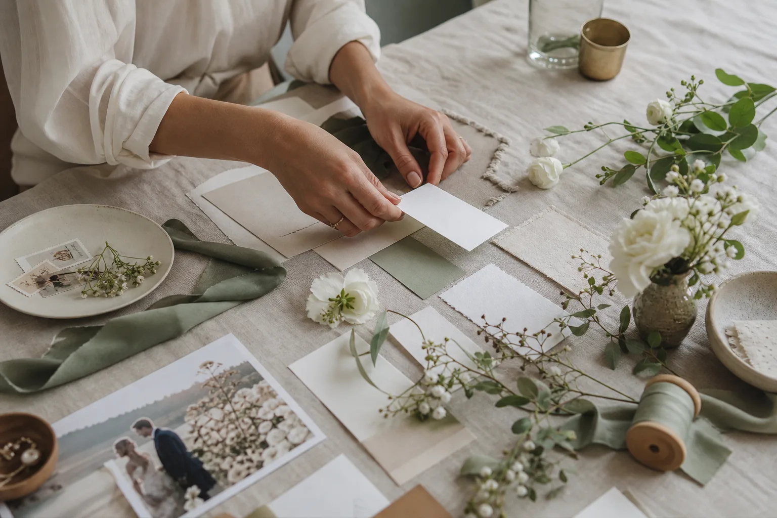 En moodboard med tygprover, blanka kort och blommor ligger på ett bord.