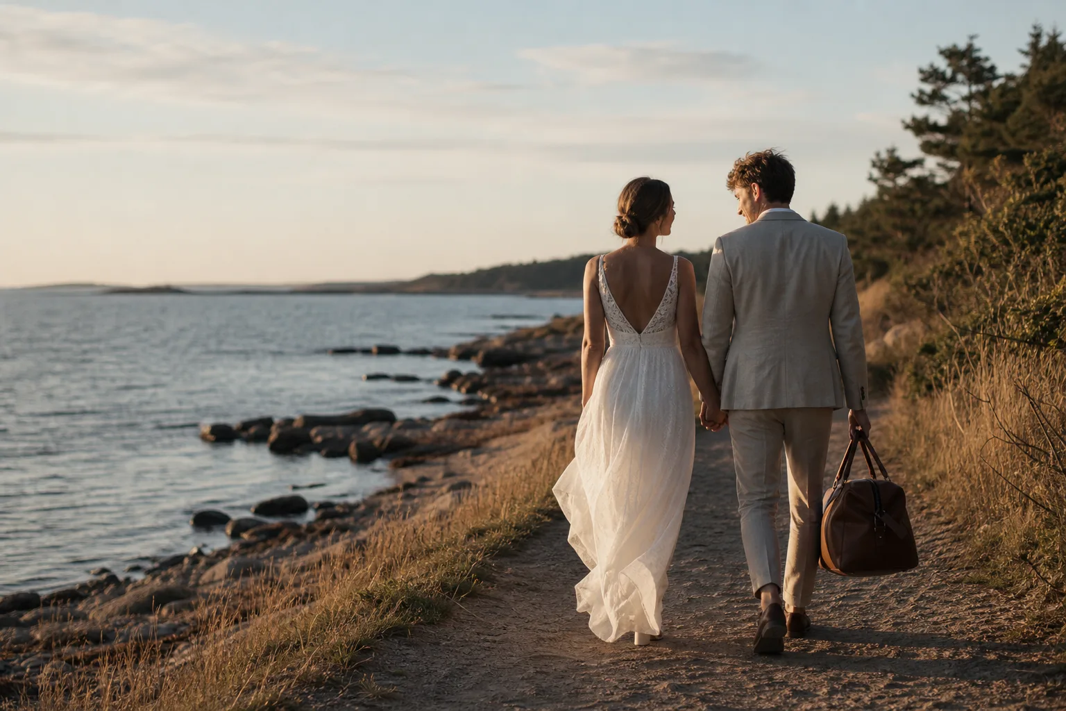 Ett par promenerar längs en stilla strandstig med liten resväska, fotograferat bakifrån.