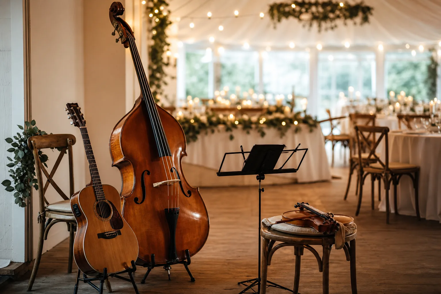 Akustiska instrument står vid en mjukt ljussatt bröllopsmottagning utan logotyper.