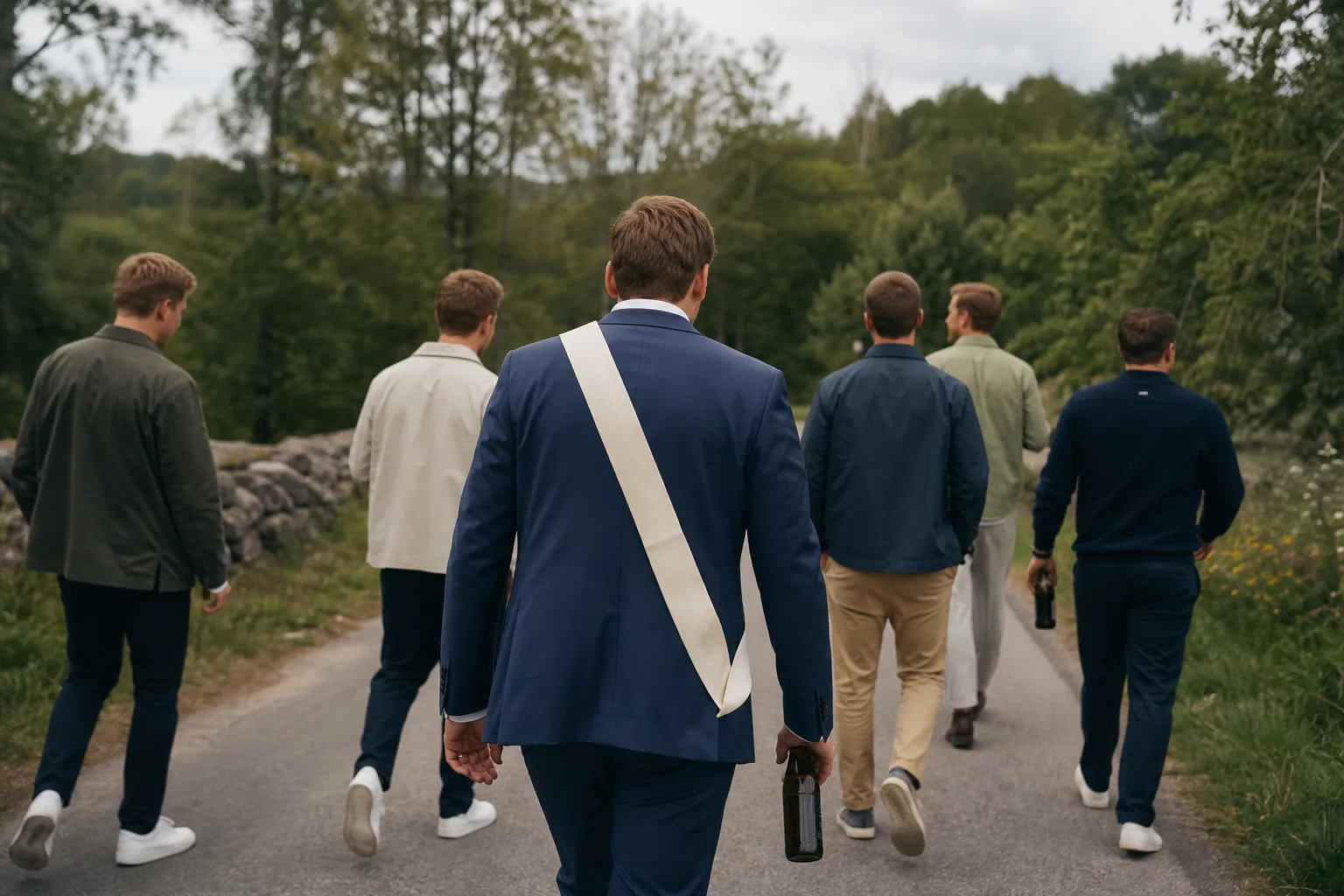En liten grupp vänner går utomhus med enkla kläder och utan logotyper.