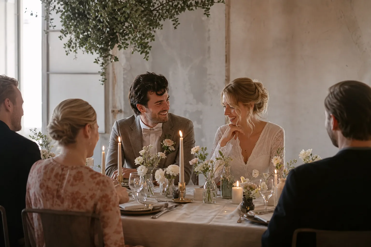 Ett intimt dukat bord för en liten grupp med blommor och levande ljus.