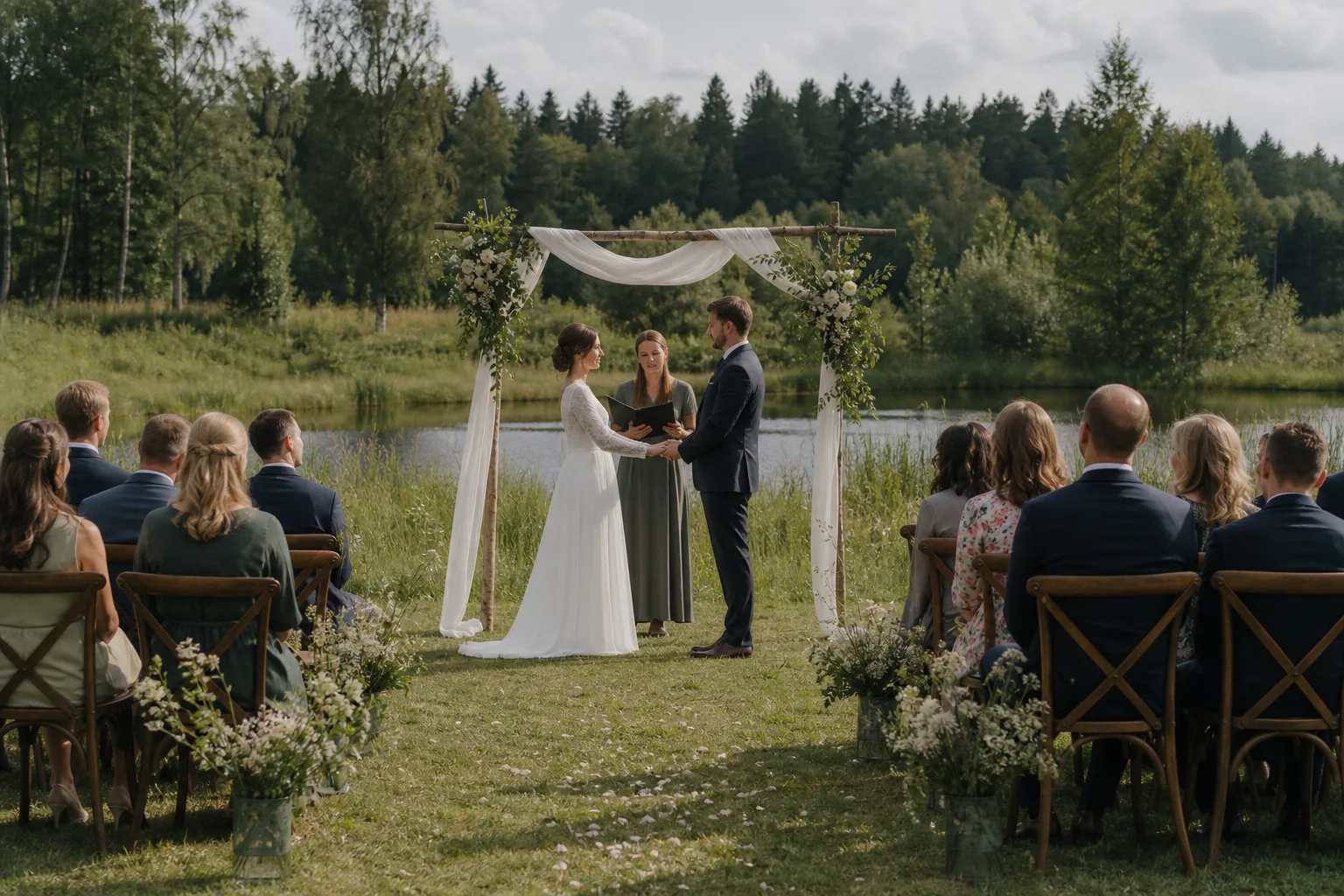 En enkel utomhusceremoni med stolar, blommor och mjukt nordiskt ljus.