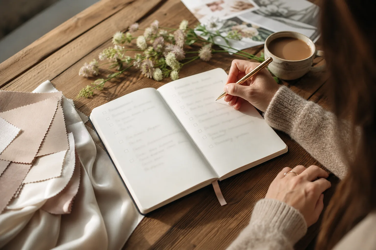 En öppen anteckningsbok utan läsbar text ligger bredvid penna, tygprov och blommor.
