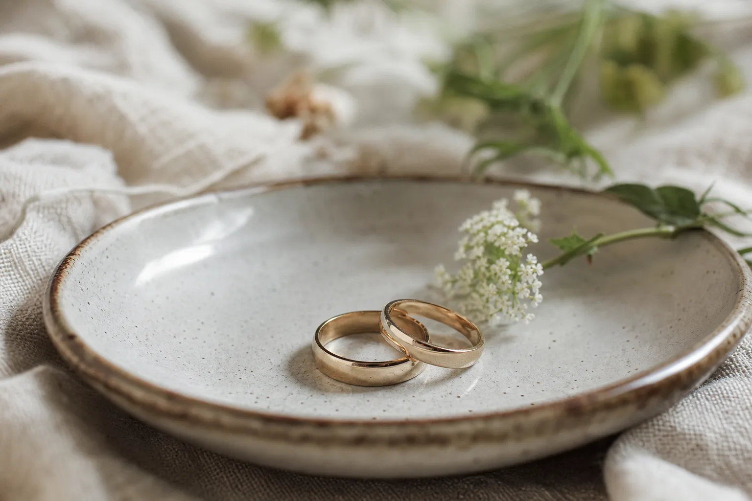 Enkla ringar ligger på ett vintagefat tillsammans med tyg och en liten blomma.