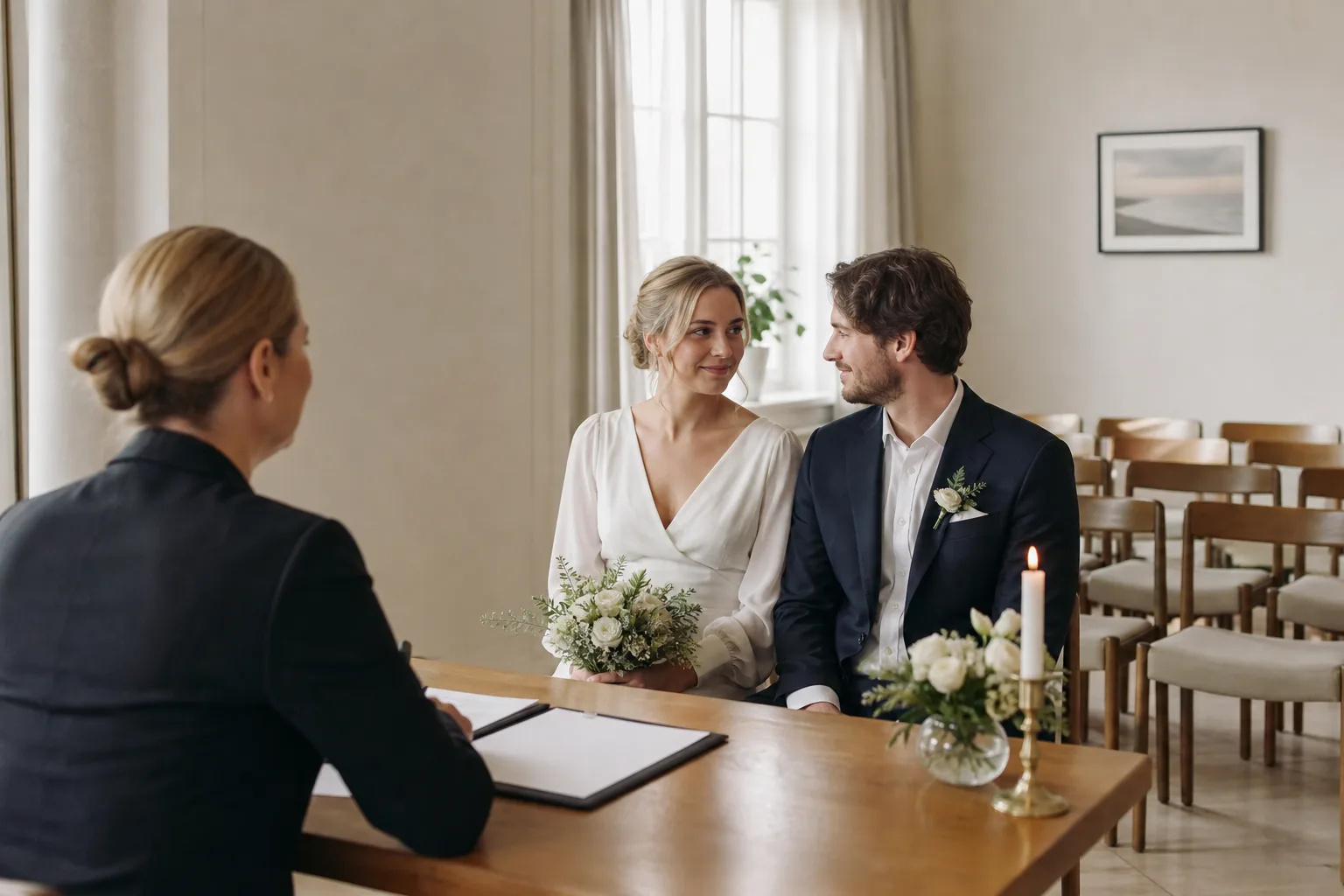 Ett litet borgerligt ceremonirum med enkla stolar, blanka papper och blommor.
