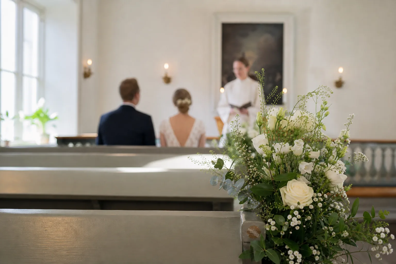 Ett enkelt blomsterarrangemang vid en neutral kyrkbanksmiljö utan identifierbar byggnad.
