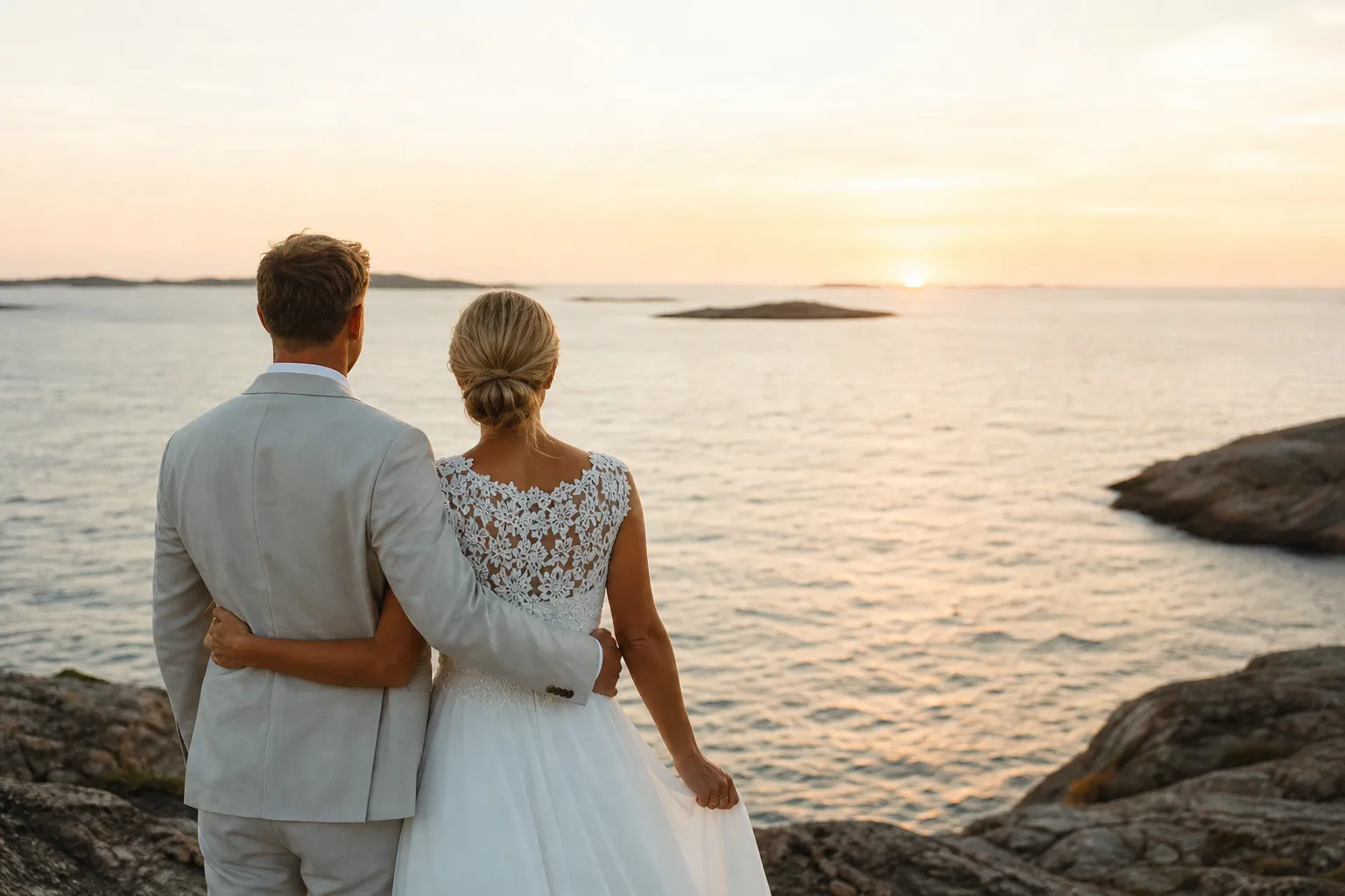 Ett brudpar vid havet i solnedgång