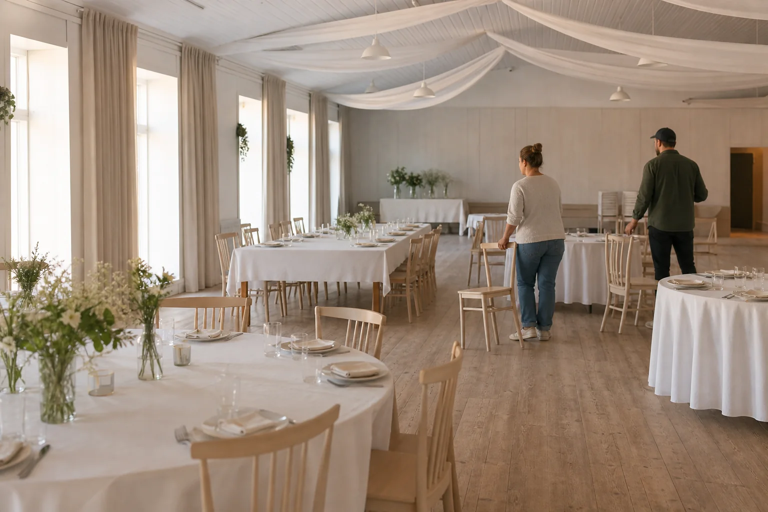 Två personer möblerar en ljus bröllopslokal med delvis dukade bord