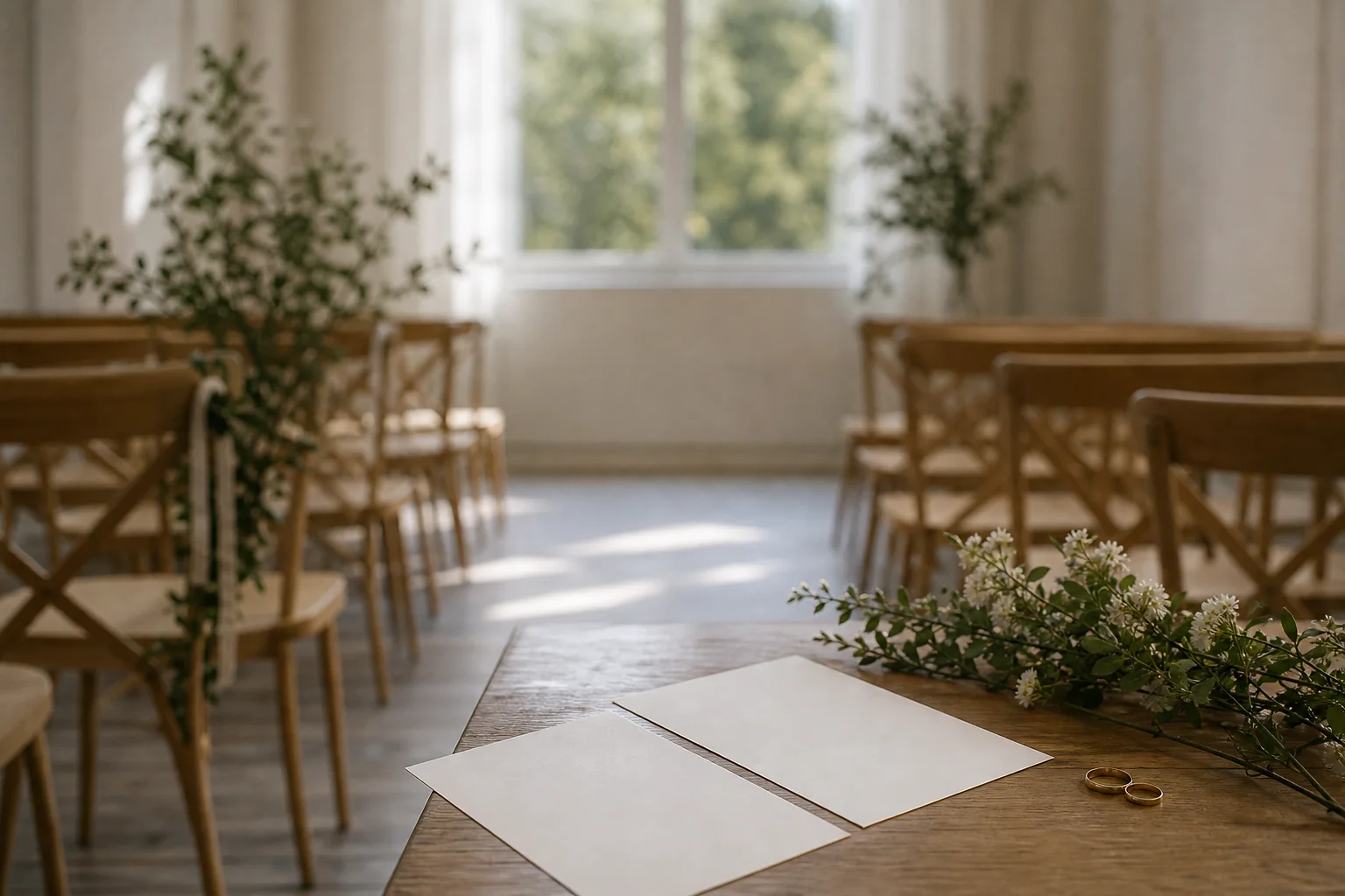 Neutral vigselmiljö med trästolar, blanka papper, blommor och ringar